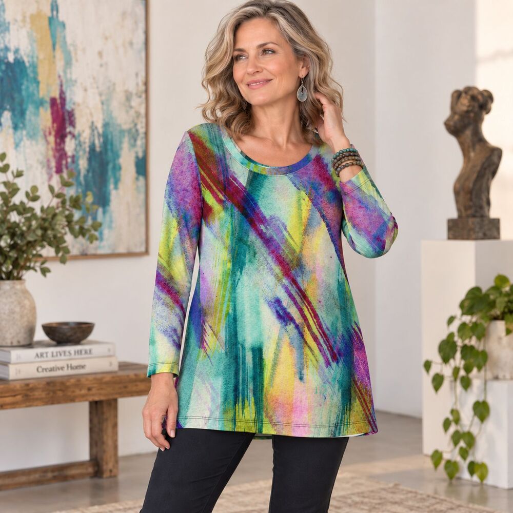 Soft Surroundings Shirt Womens Large Multicolor Abstract Tunic Long Sleeve Top
